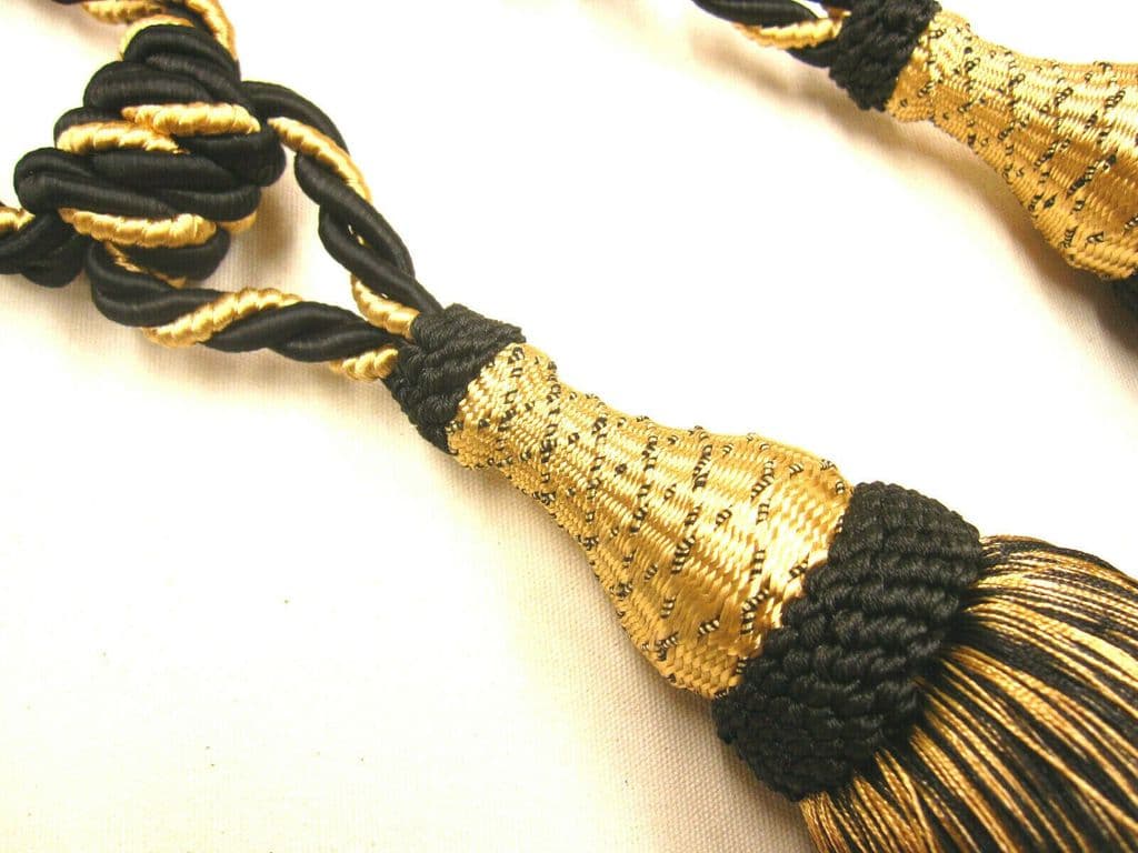 2 Prince Black & Gold Curtain Tassel Tiebacks Tie Backs PAIR Cord Cable Fabric